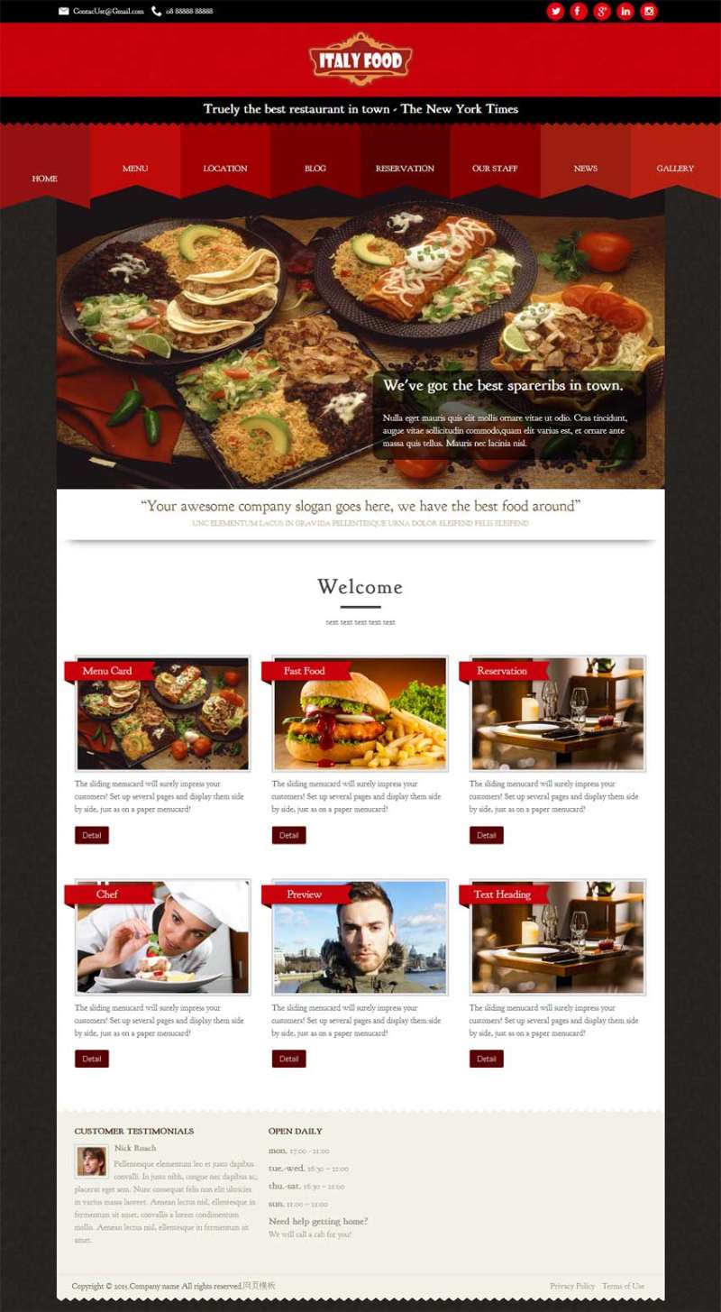 红色国外餐饮料理网站模板html整站源码(图1)