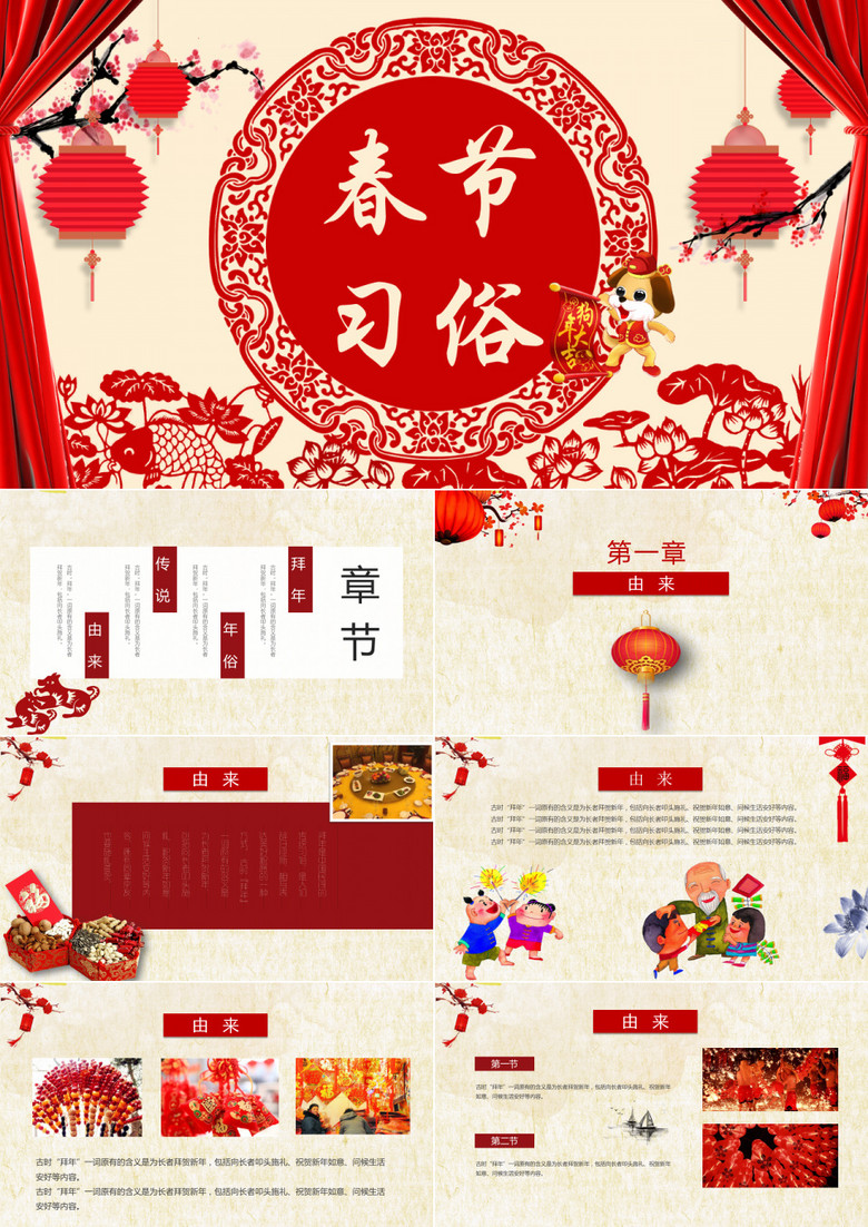 红色喜庆中国风春节新年春节习俗PPT模版(图1)